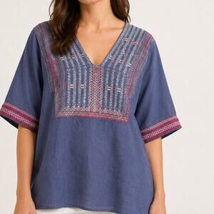 CAbi Linen Tunic Medium Embroidered V-Neck Chambray Blue Cinch Back Boho Hippie